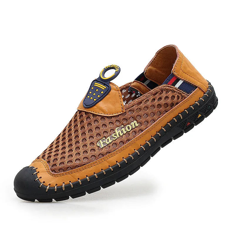 Men's brown casual breathable mesh shoes with round toe and rubber sole