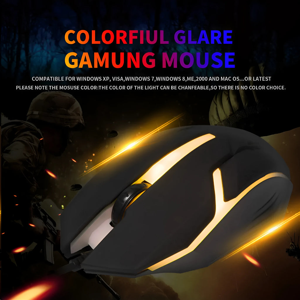 Wired USB gaming mouse with colourful breathing light, black four-button design, and 1.2 metre cable