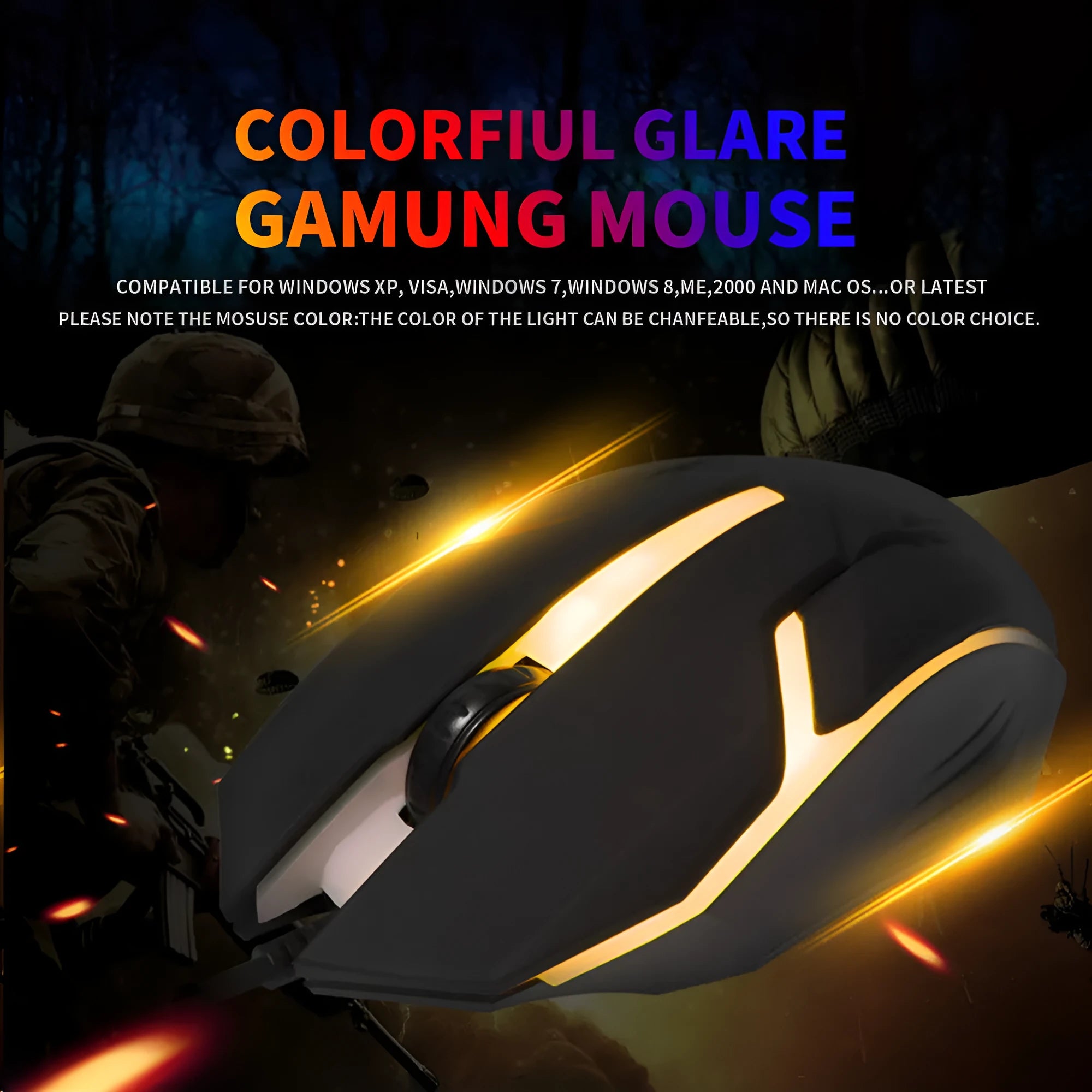 Wired USB gaming mouse with colourful breathing light, black four-button design, and 1.2 metre cable