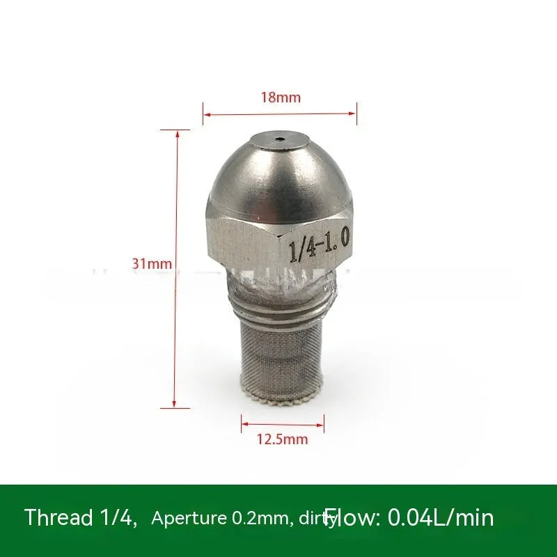 304 stainless steel two-point spray nozzle with 1/4 inch thread and selectable aperture sizes for atomisation.