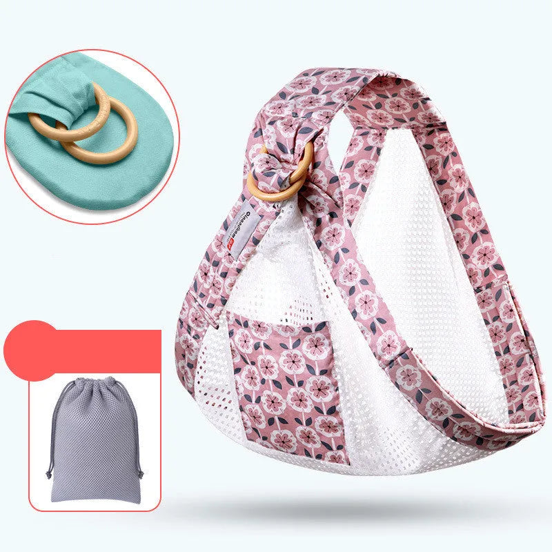 Adjustable baby wrap carrier sling in blue-green cotton and mesh with back support for 0-36 months up to 50kg