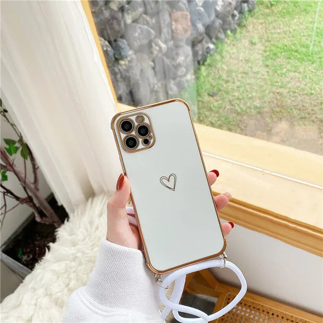 TPU hollow love crossbody lanyard phone case for Apple iPhone, electroplated heart design, grey option