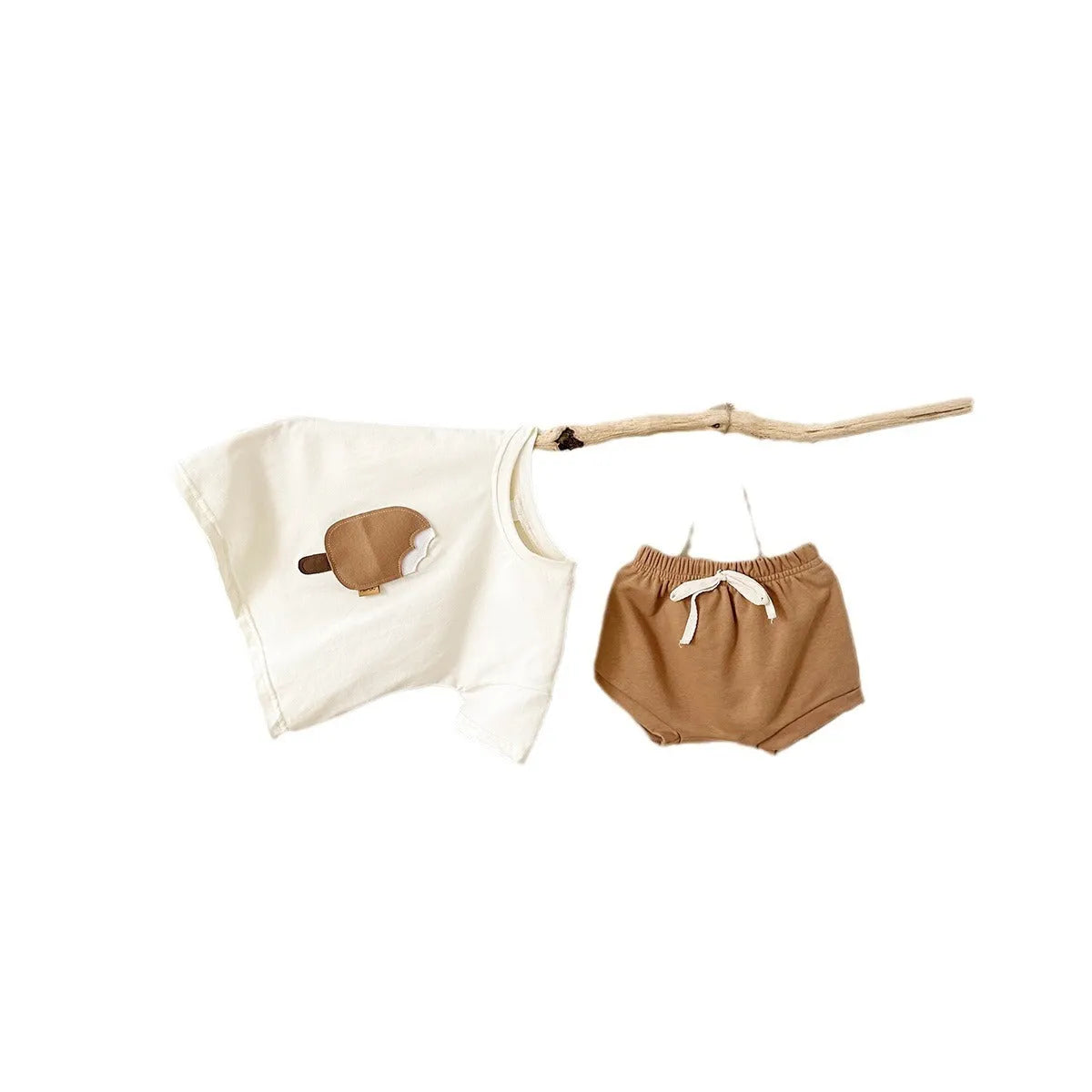 Girls' cotton casual round neck ice cream patch short sleeve shorts suit in Olive, Apricot, and White for summer