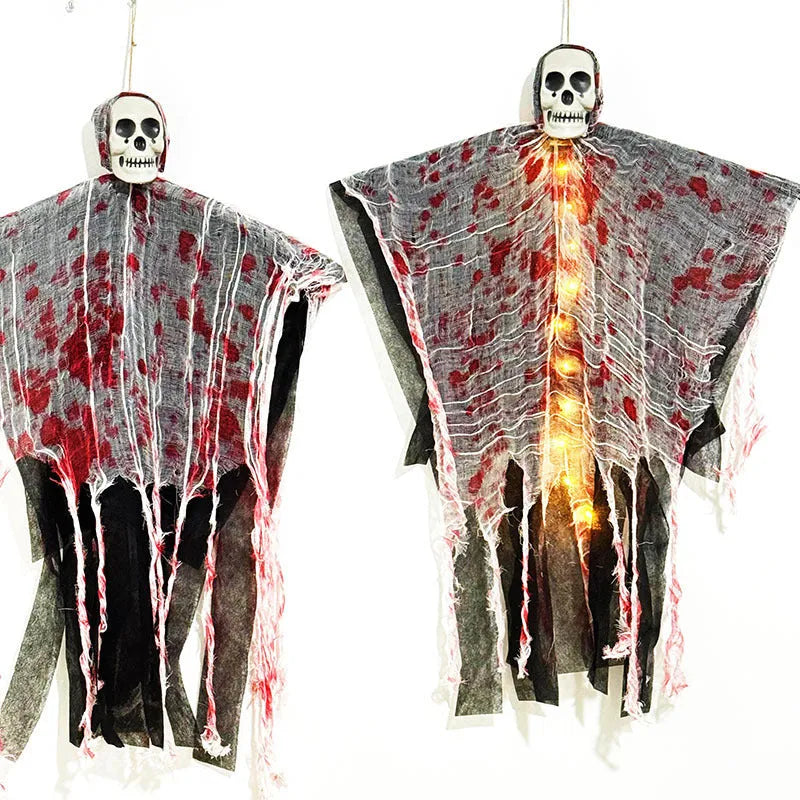 Plastic blood-dyed luminous skull ghost Halloween hanging ornament for outdoor use.