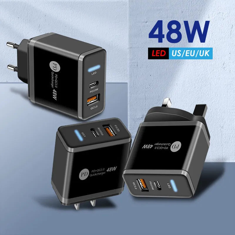 PD48W fast charging travel charger with GaN technology showing black and white options for US, UK, EU socket types