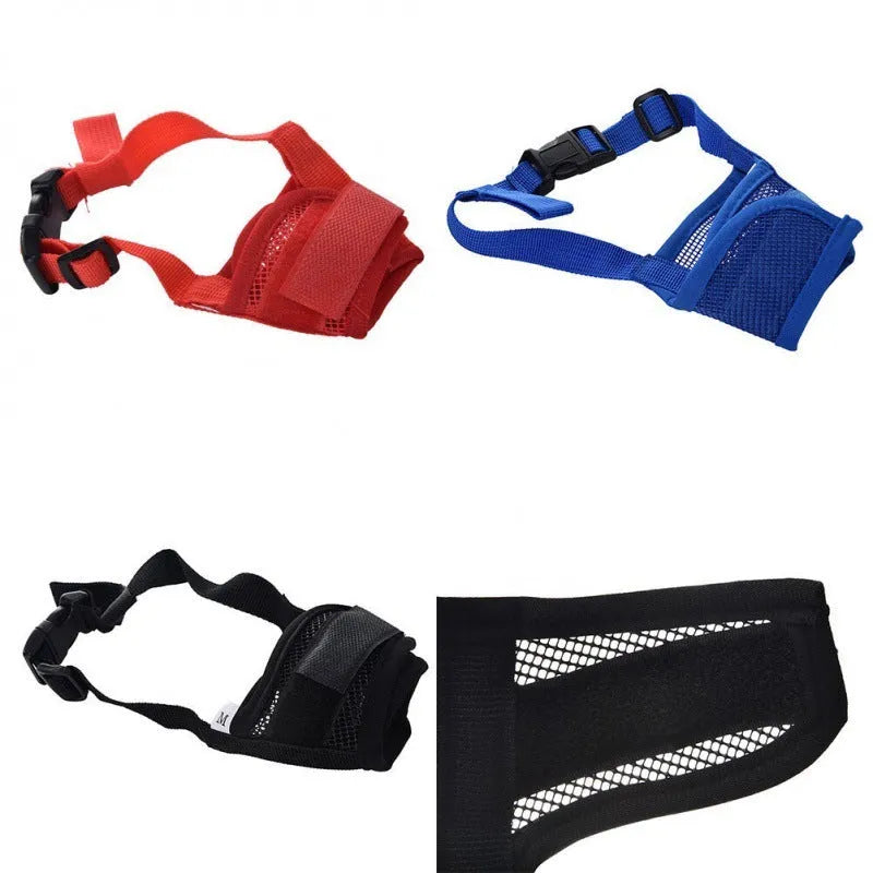 A plastic adjustable dog muzzle shown in multiple colours including black, blue, and pink.