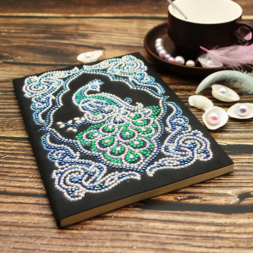 A5 black diamond painting notebook with peacock design using shaped and bright drill techniques