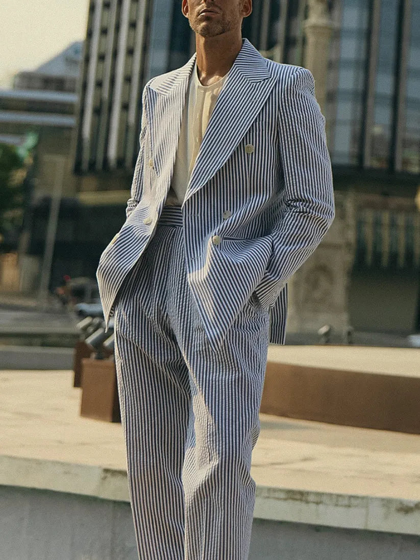 Blue and white striped polyester suit set including blazer and trousers for men