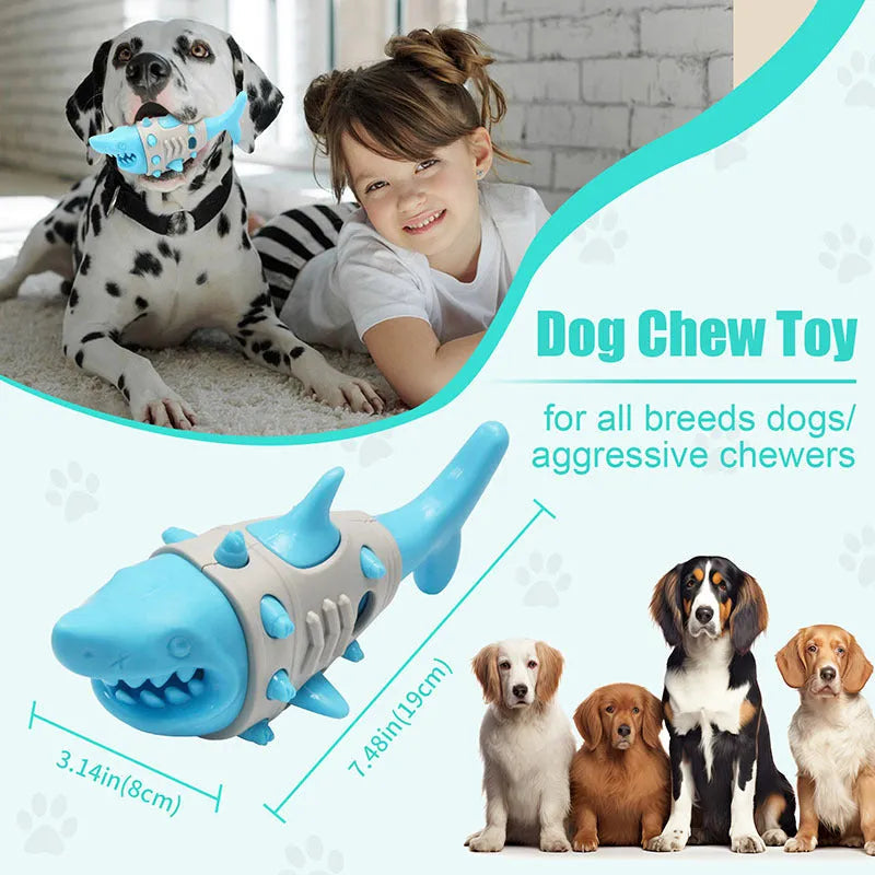 Blue, grey, and yellow dog chew toy with shark-tooth texture design.