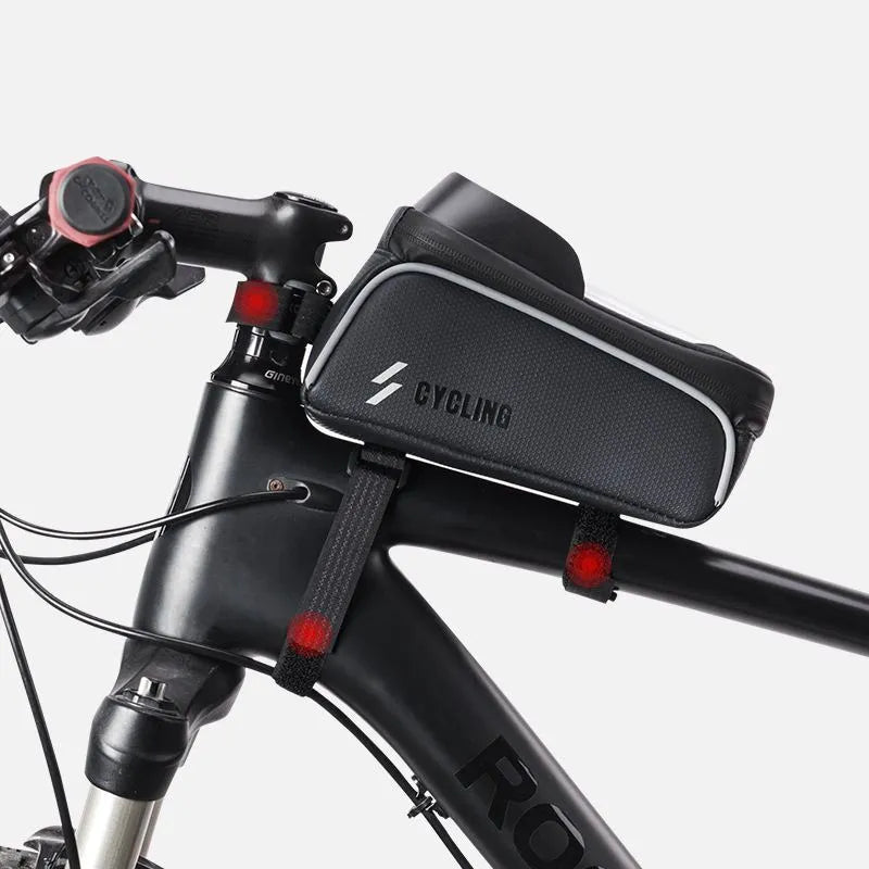 Black PU+EVA handlebar bag with TPU touch film and reflective strip mounted on bicycle crossbeam
