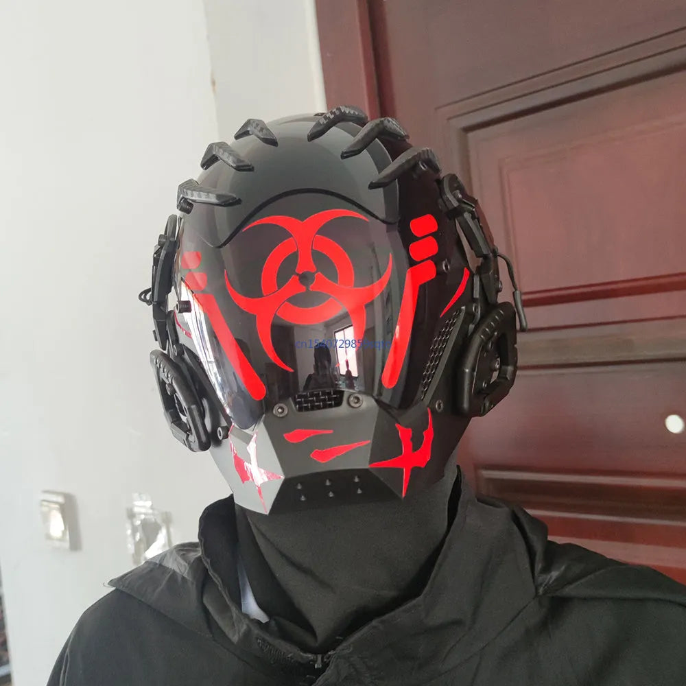 Black full face bioweapon prop mask showing complete helmet coverage