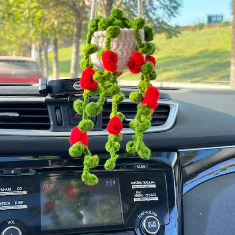 Green and white knitted wool car plant decoration hanging from a rope.
