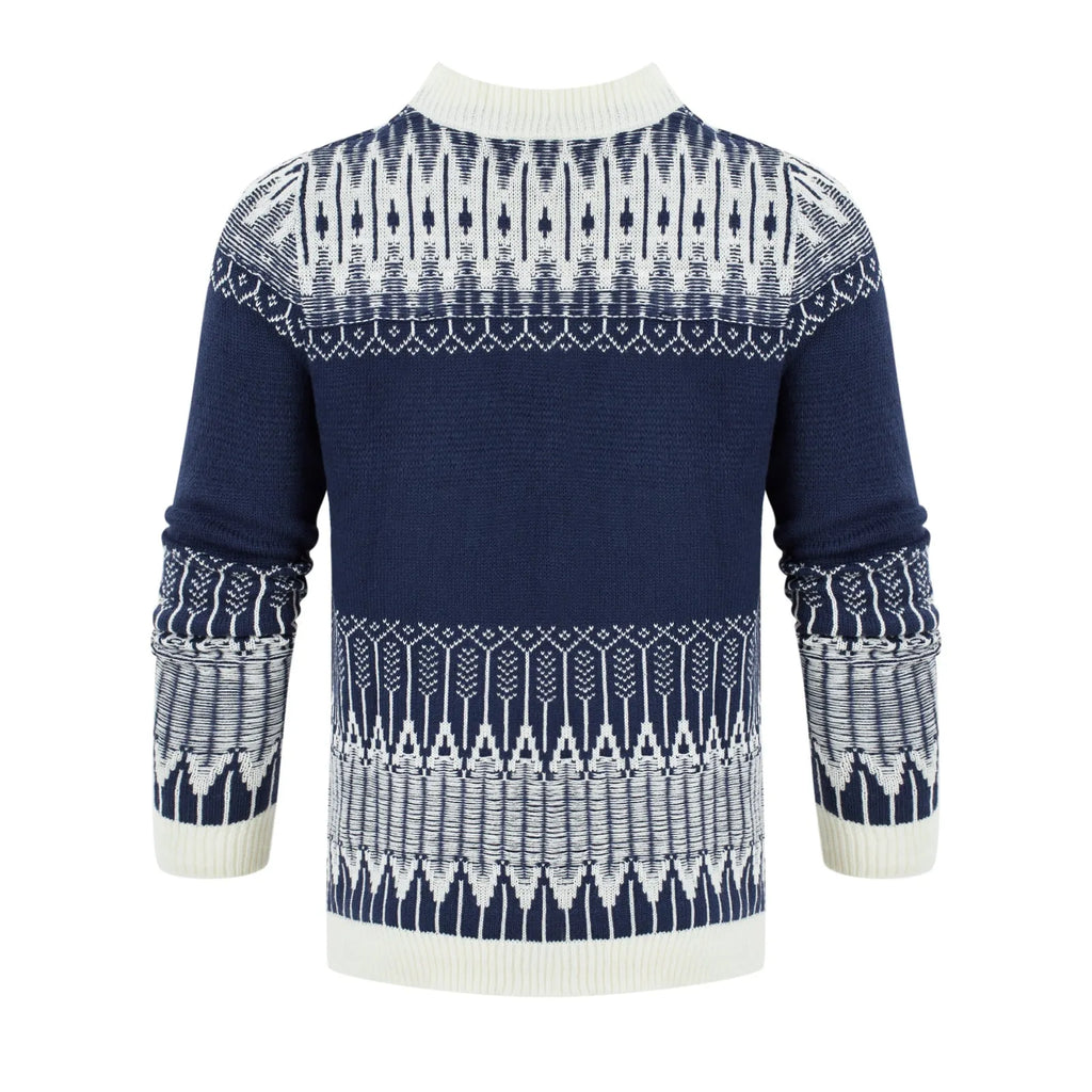 Men's grey knitted pullover sweater with ribbed cuffs and hem on hanger