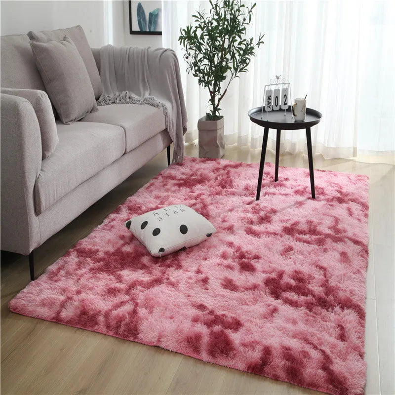 Long hair tie-dyed gradient polyester carpet in a living room setting showing soft texture and colour transition