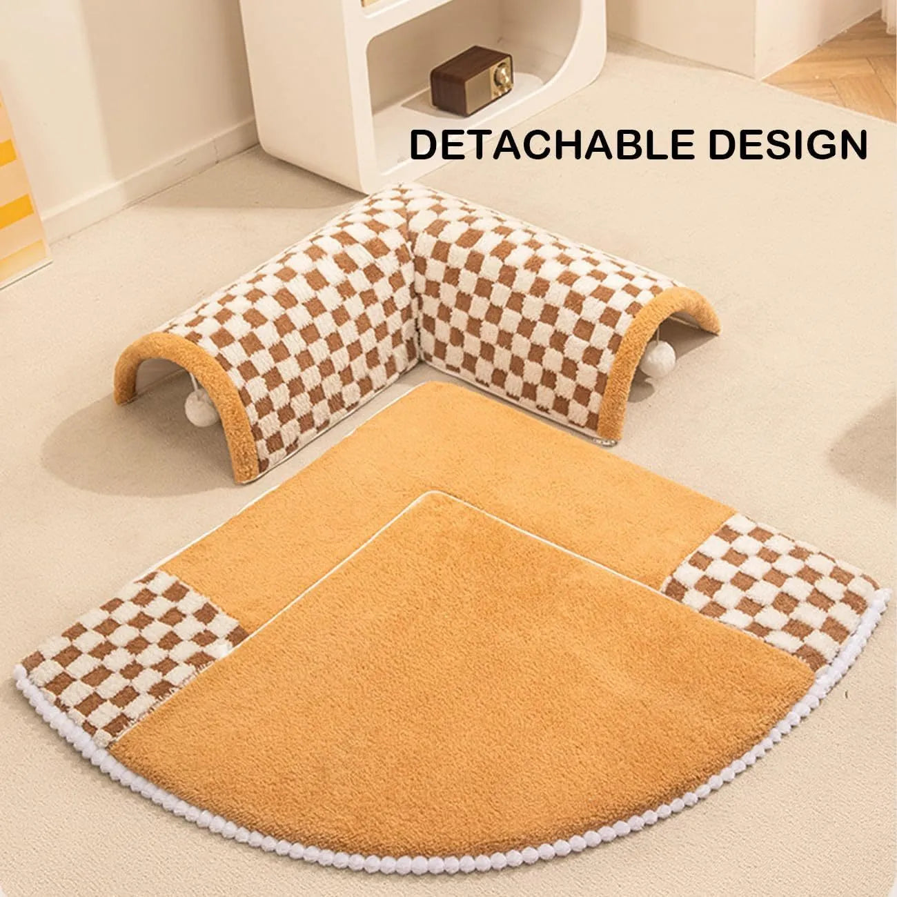 Fan-shaped plush pet bed with integrated tunnel for cats and dogs in coffee colour.