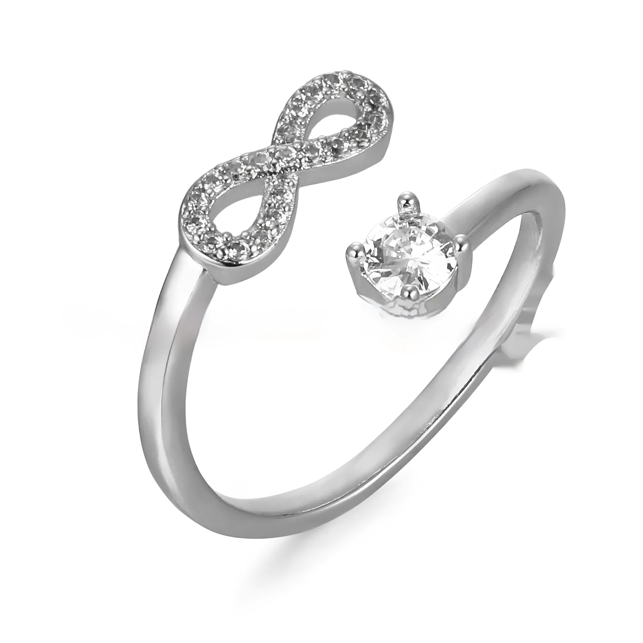 Geometric open band ring featuring a letter 'A' with inlaid zircon stones, shown in a rose gold finish.