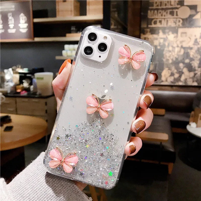 Butterfly glitter starry sky TPU phone case for iPhone with drop protection in transparent blue