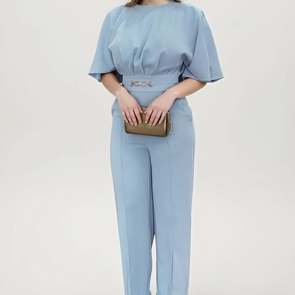 Blue polyester men's casual two-piece suit with long sleeve jacket and matching trousers