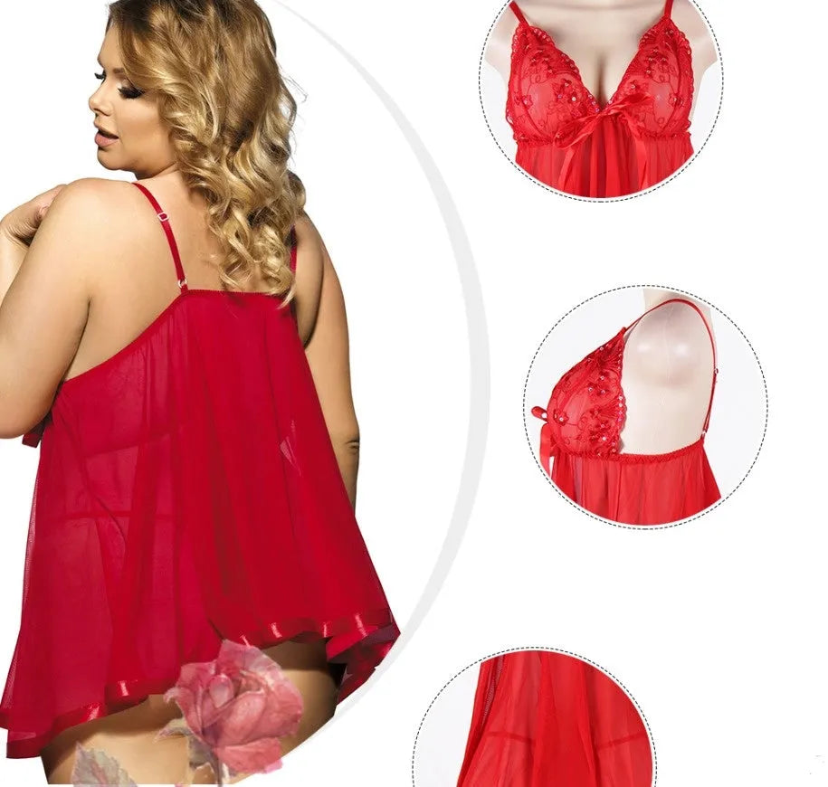 Plus-size black lace and mesh sling dress lingerie for sleepwear, shown on a hanger.