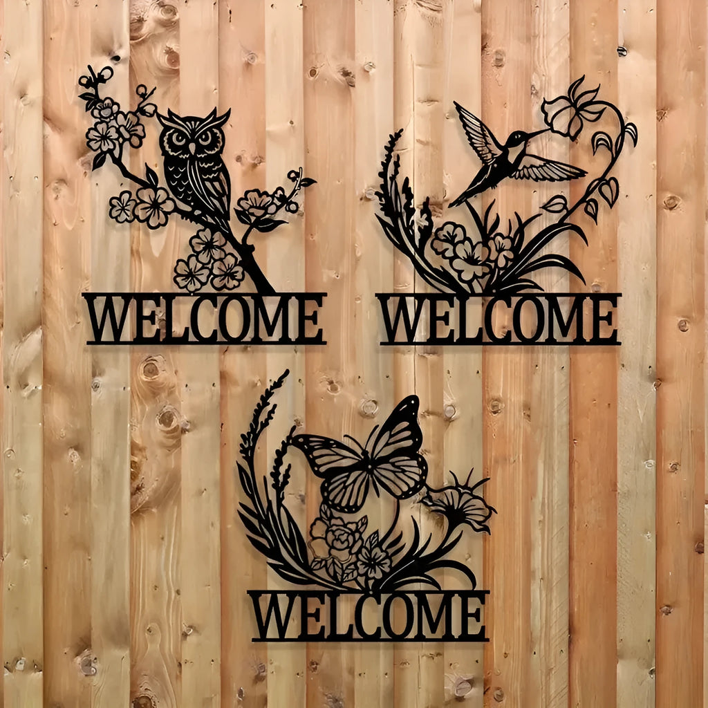 Copper metal animal silhouette welcome board wall mounted with butterfly design on courtyard door