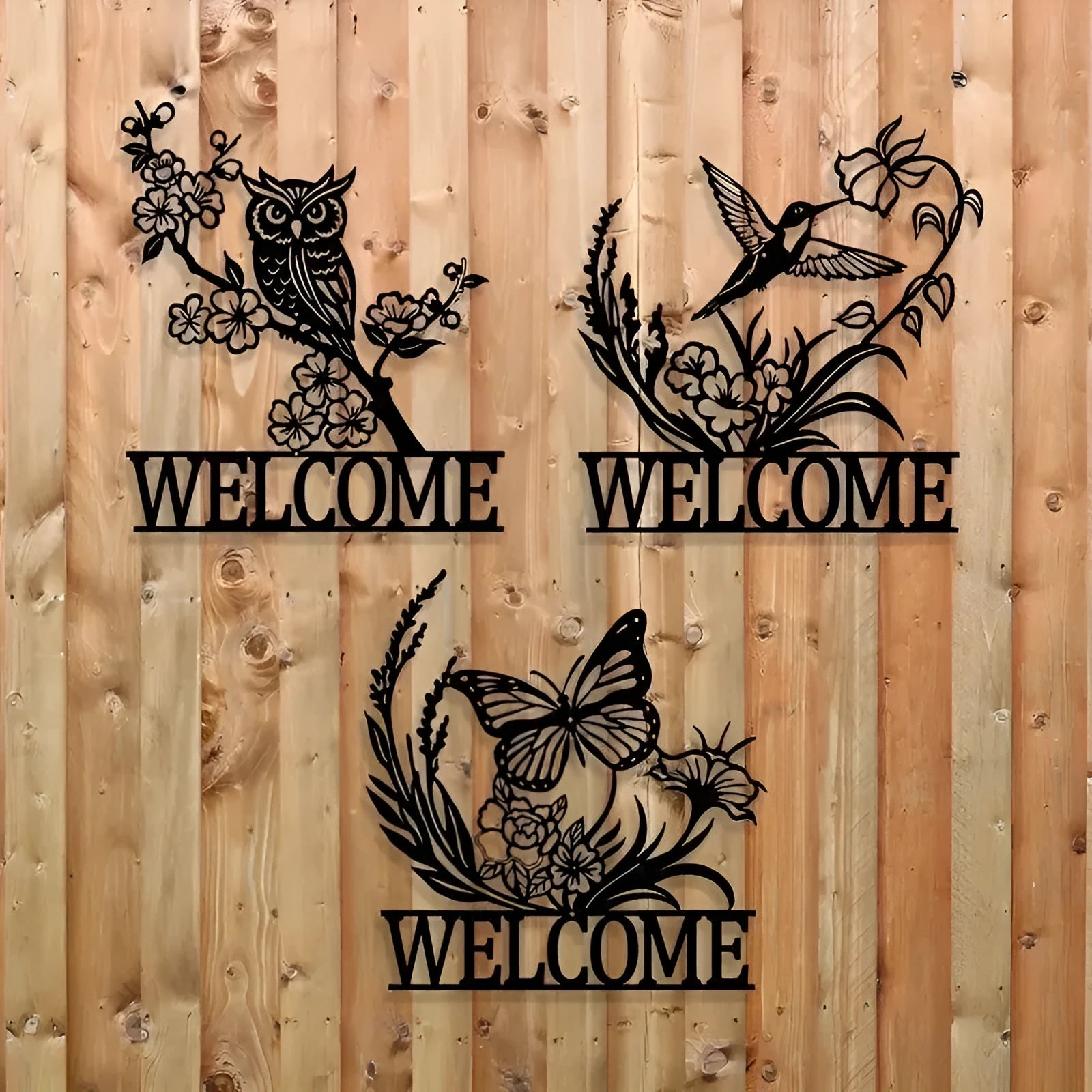 Copper metal animal silhouette welcome board wall mounted with butterfly design on courtyard door