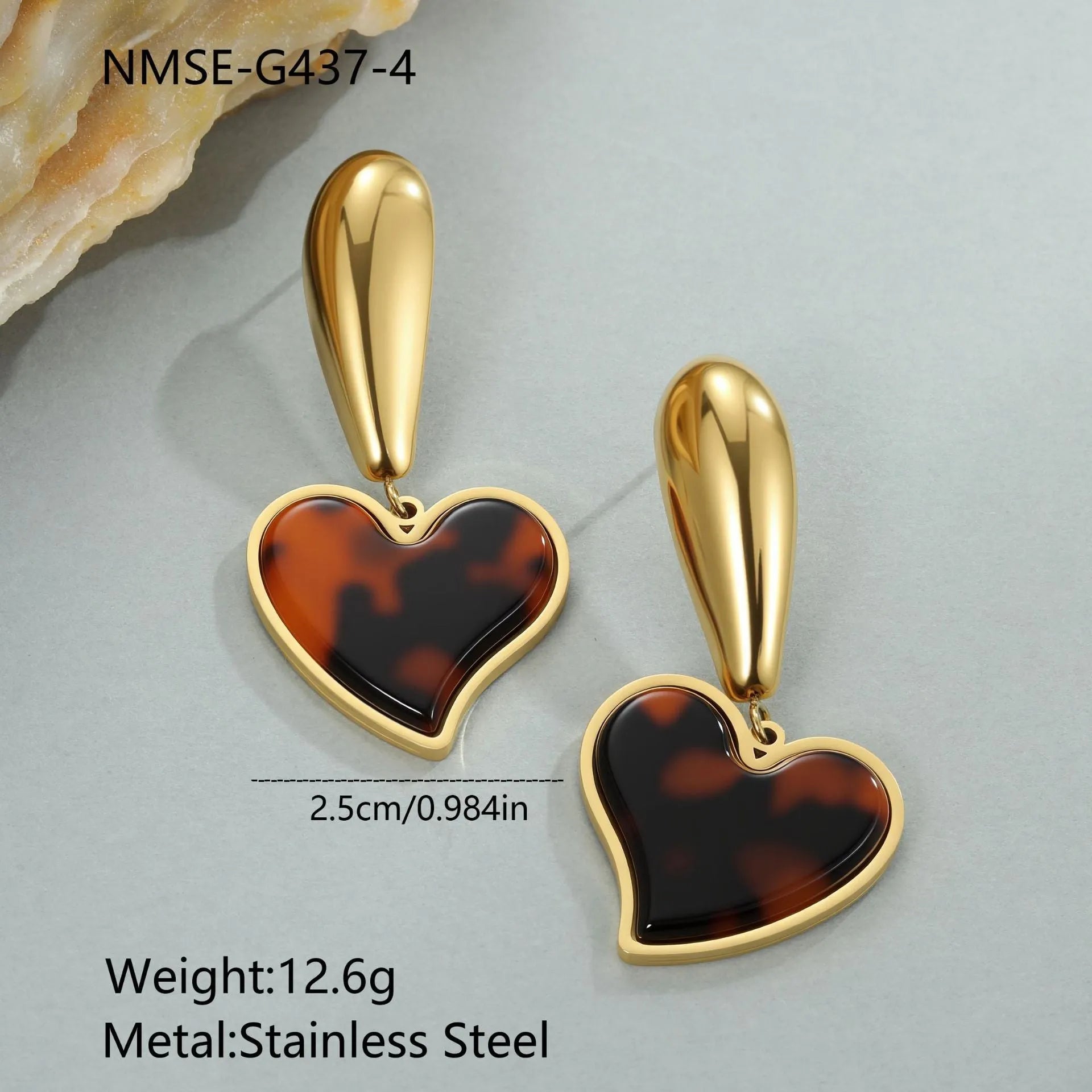 Gold-plated stainless steel earrings with tortoiseshell resin hawksbill patterns in heart and flower designs