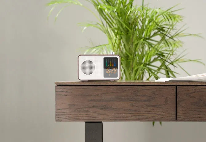 Brown retro Bluetooth speaker with FM radio in wooden cabinet vintage design