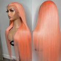 Light orange long straight front lace synthetic wig shown with side bangs