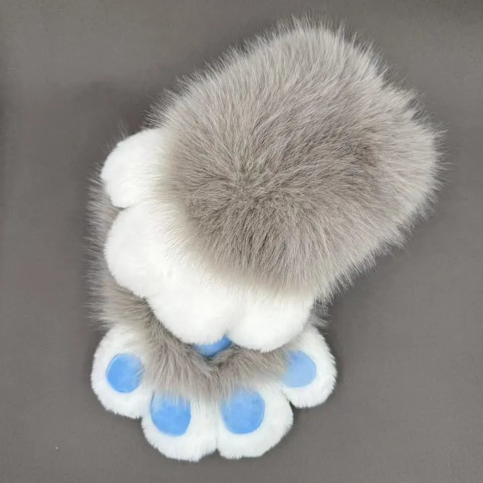 A pair of fingerless animal claw cosplay gloves in a white and pink colour combination with a coloured pad on the back.