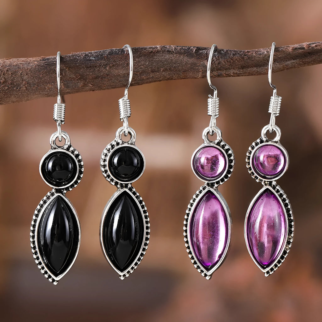 Vintage geometric earrings with black and purple colour pairing, zinc alloy construction with electroplated finish