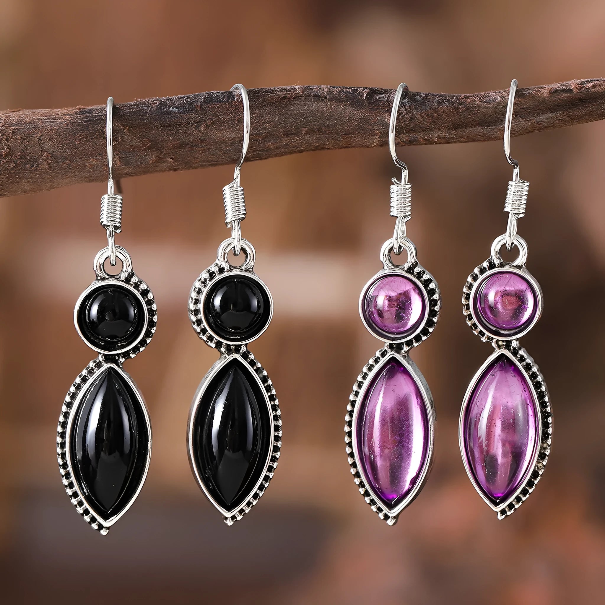 Vintage geometric earrings with black and purple colour pairing, zinc alloy construction with electroplated finish