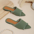 Women's denim flat slippers with tassel detail and leather lining in multiple colour options
