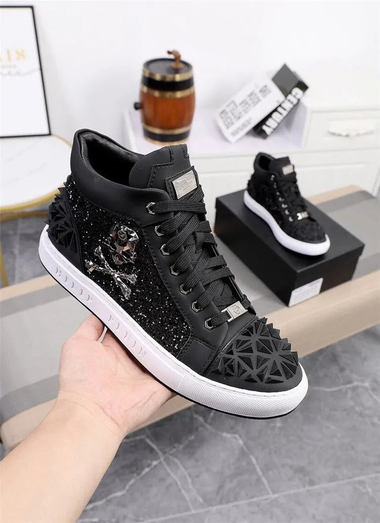 Men's black genuine leather high top skeleton shoes with red laces, showing round toe and rubber sole.