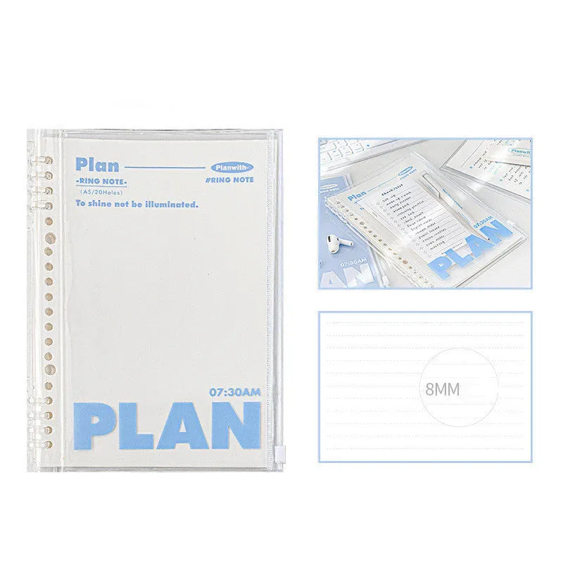A5 blue and white PVC spiral notebook organiser with can store for loose papers