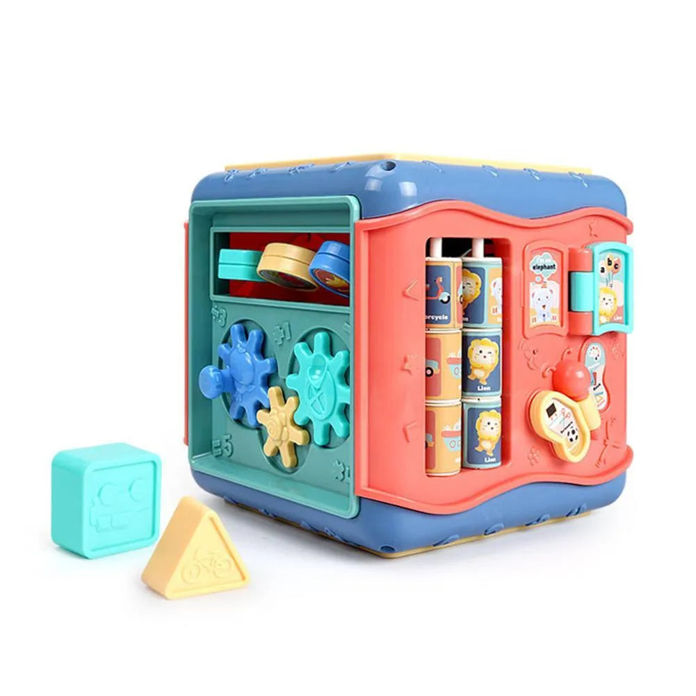 Multicoloured baby hexahedron educational toy cube showing bead maze, gear, and car maze activity faces