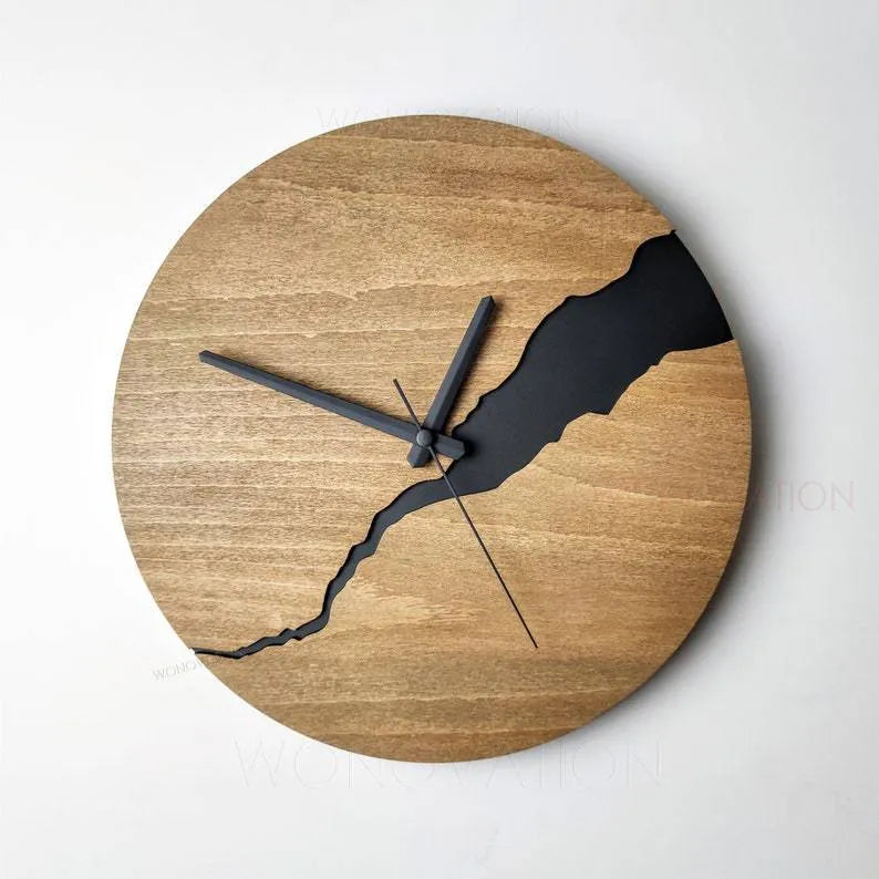 Wooden wall clock with creative crack pattern design in modern circular style
