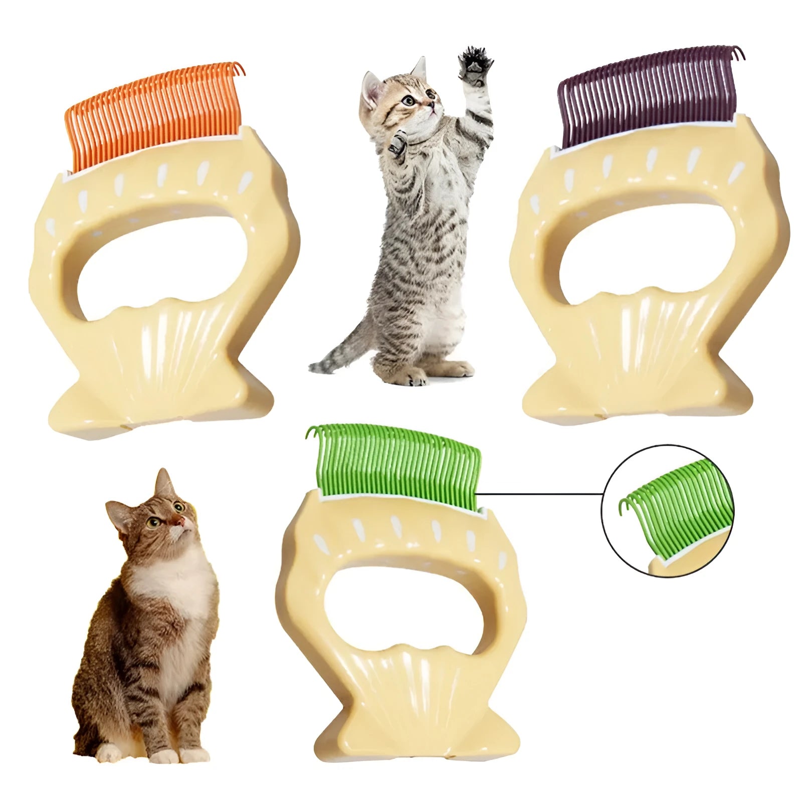 Green shell-shaped plastic pet grooming comb with bent wire bristles and an anti-slip handle.