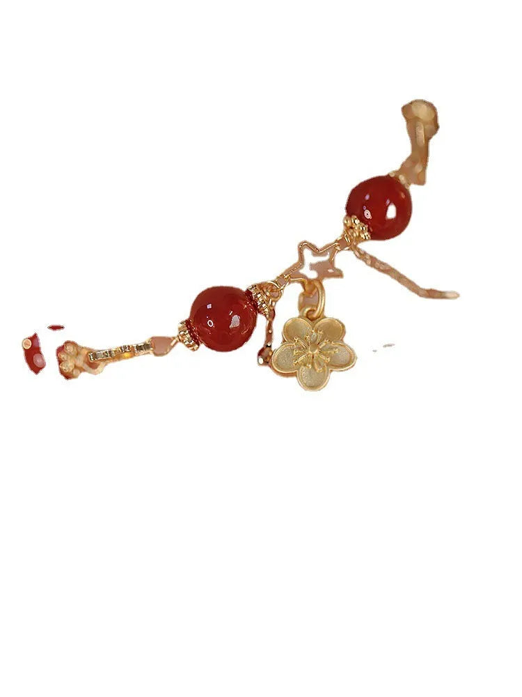 Women's double layer bracelet with natural red agate and peach blossom floral design in red colour
