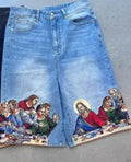 Men's blue cotton shorts with Jesus print on back pocket, tapered design