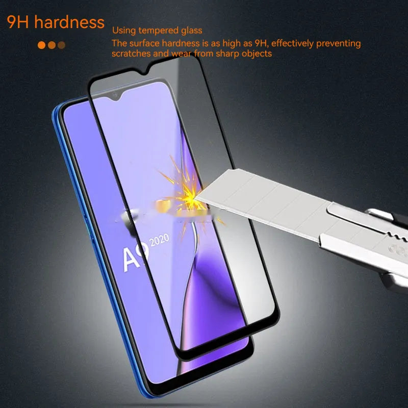 OPPO A9 2020 full screen tempered glass protector in black with anti-fingerprint coating