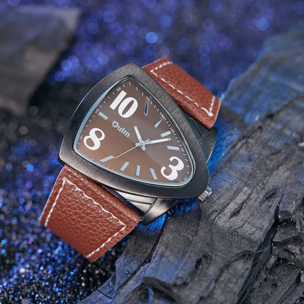 Men's casual wristwatch with a triangle belt strap in a choice of brown, black, or black and blue, showing a slim side profile.