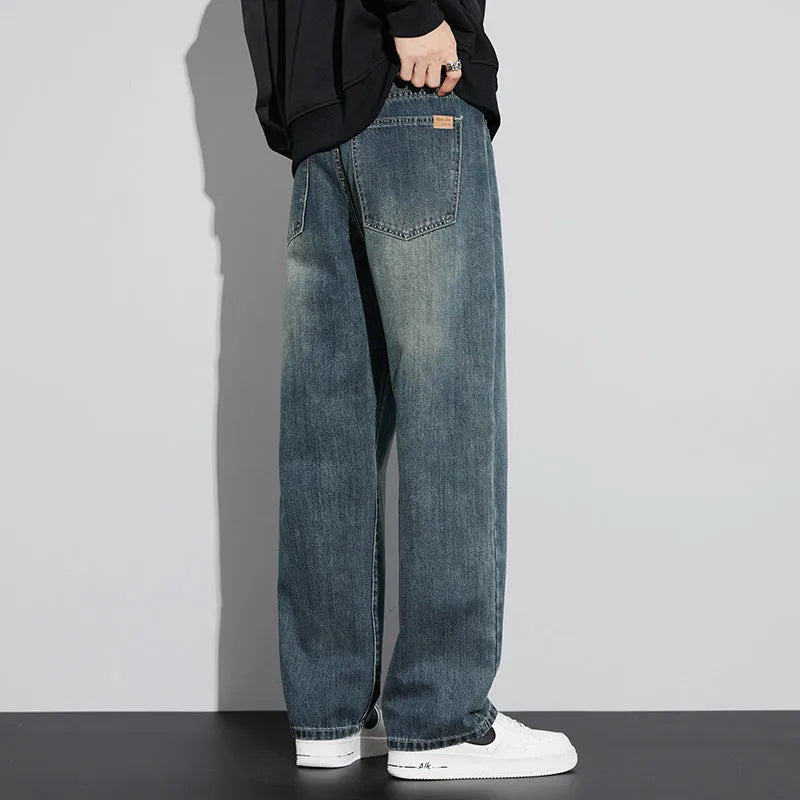 Retro nostalgic straight jeans for men in retro blue colour, cotton fabric, straight leg cut