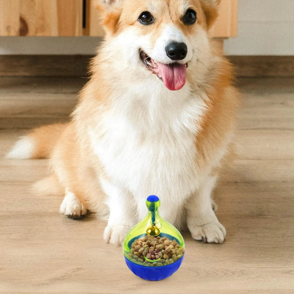 Blue tumbler-shaped pet treat dispenser ball for dogs cats slow feeding toy