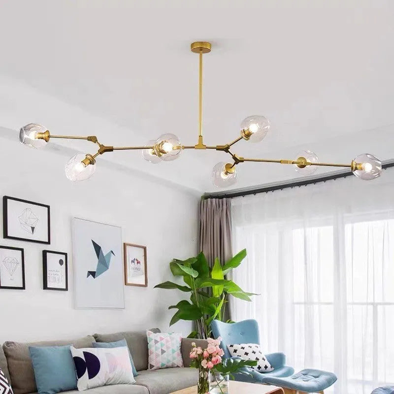 Nordic branch ceiling lamp with iron frame, glass shades, and integrated LED for dining room, bedroom, or living room