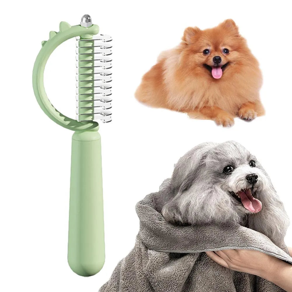 Blue dinosaur-shaped self-cleaning cat brush with double-sided slicker head.