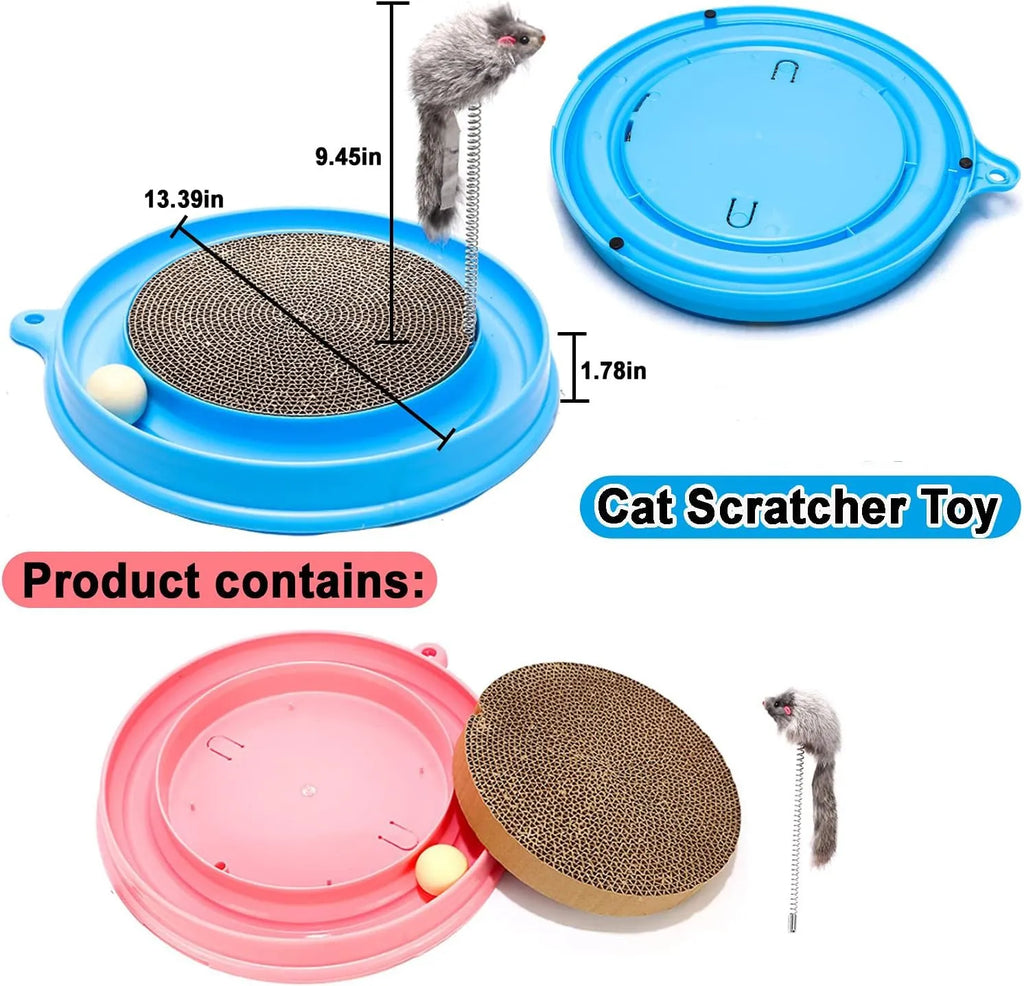 Circular blue cat scratcher with ball track and replaceable cardboard centre