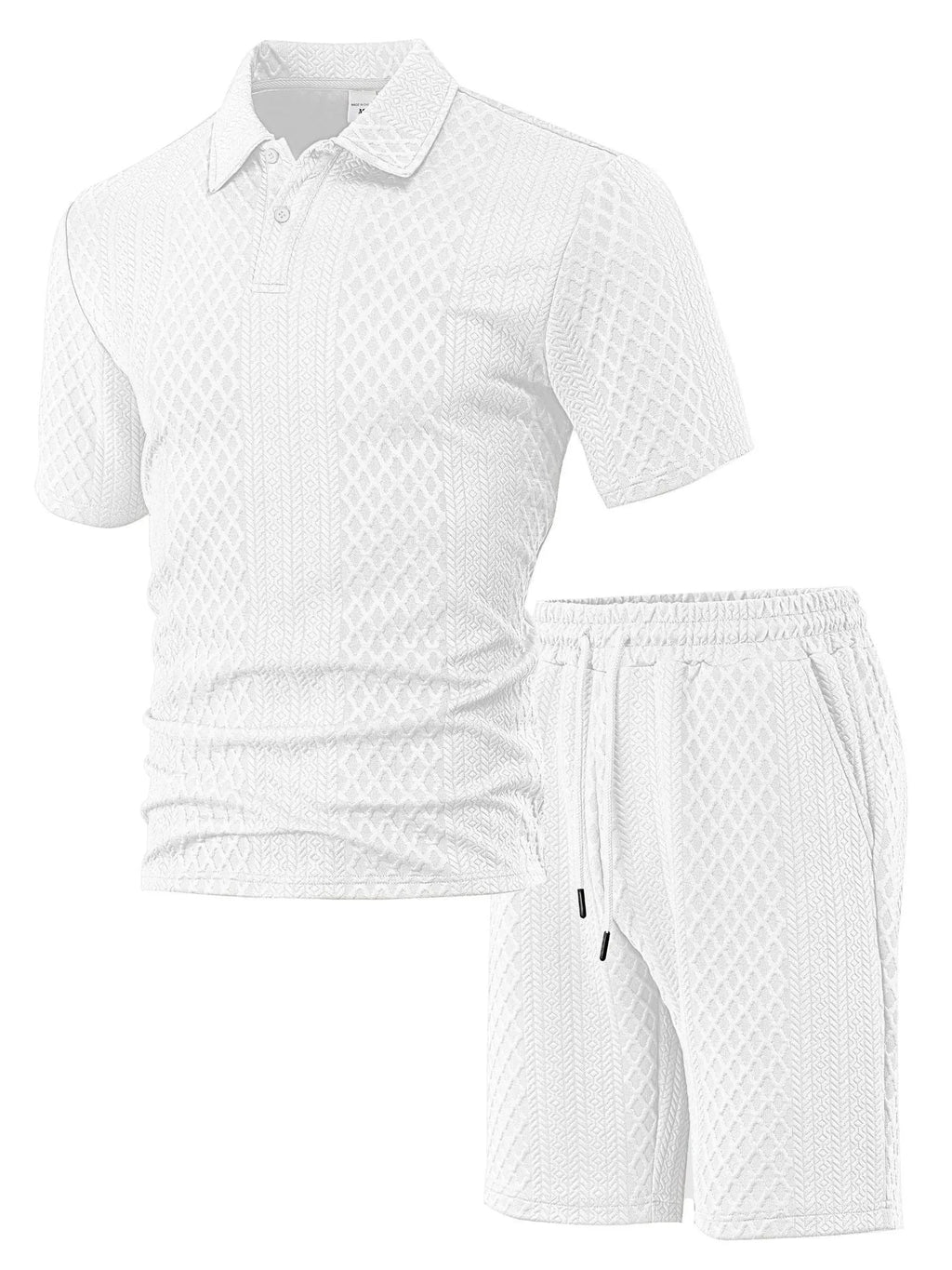 Man wearing a light grey thin figured cloth short-sleeve polo suit with matching trousers.