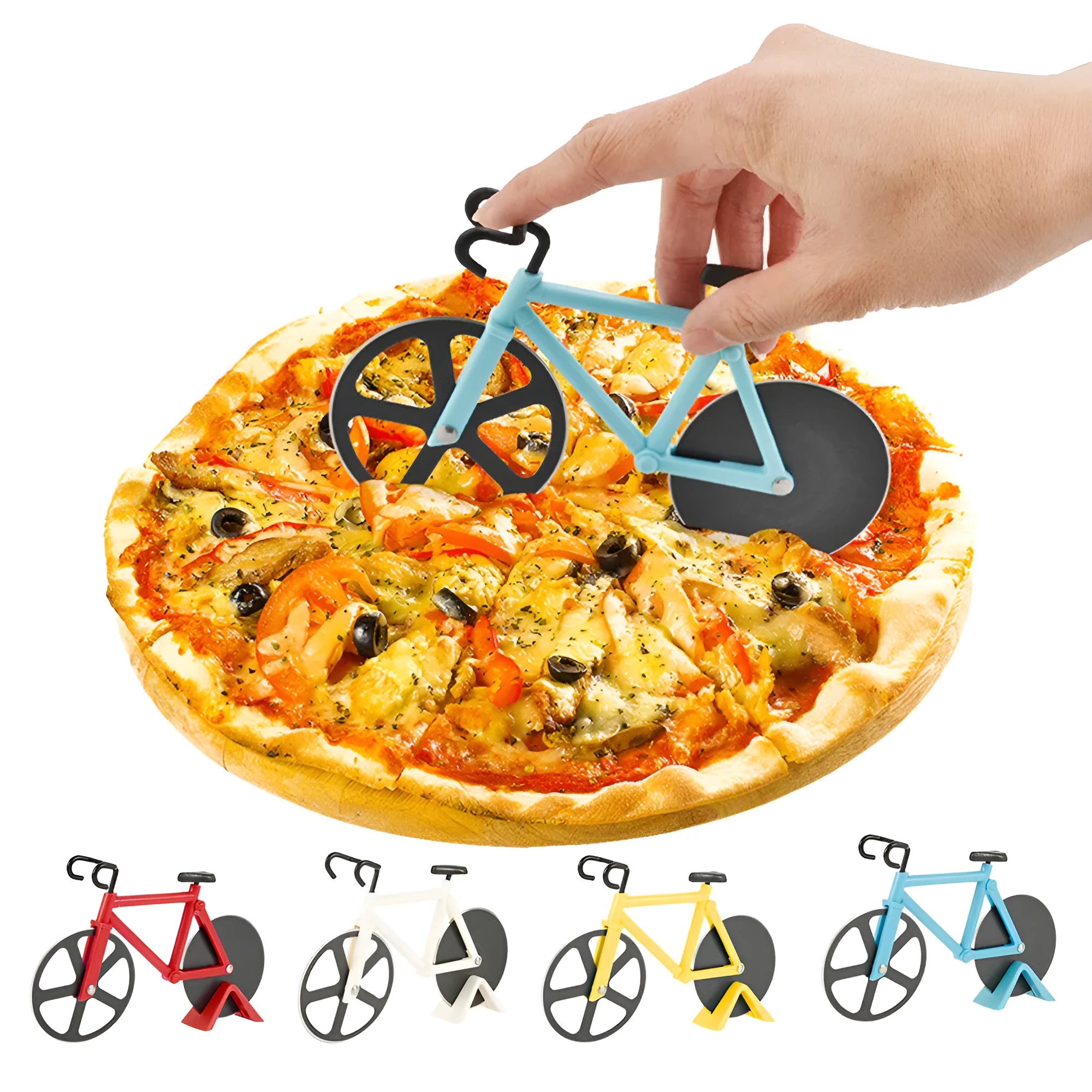 Bicycle-shaped pizza cutter with stainless steel wheel and ABS handle, red colour