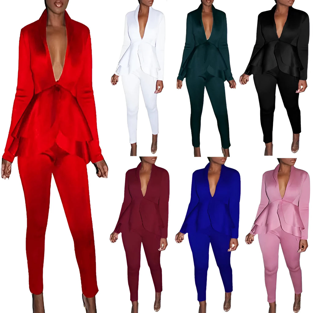 Women's ruffled business suit with pencil pants in polyester fabric, available in eight colours