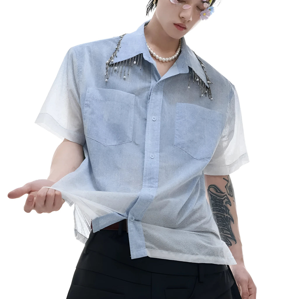 Men's loose fit blue and white gradient short sleeve shirt with quilted design